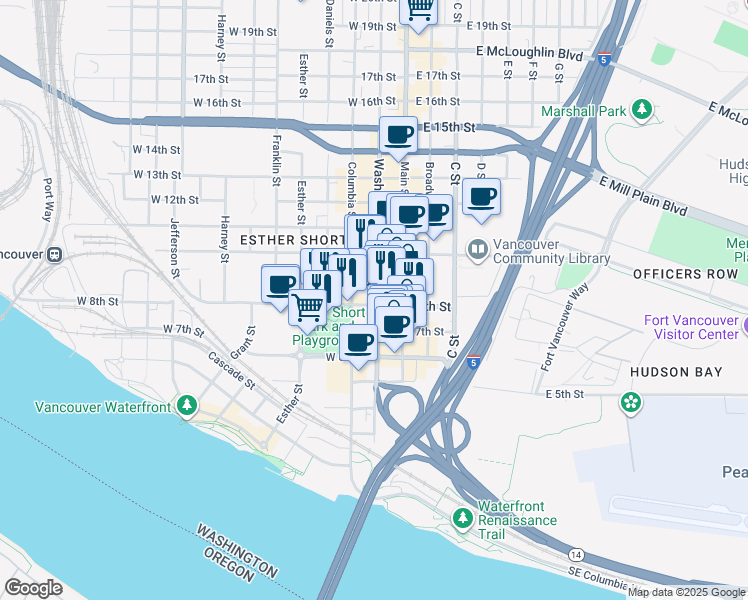 map of restaurants, bars, coffee shops, grocery stores, and more near 800 Washington Street in Vancouver