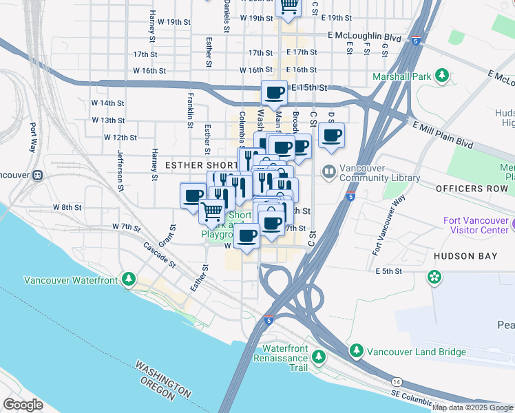 map of restaurants, bars, coffee shops, grocery stores, and more near 720 Washington Street in Vancouver