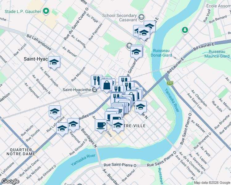 map of restaurants, bars, coffee shops, grocery stores, and more near 1235 Rue Dessaulles in Saint-Hyacinthe
