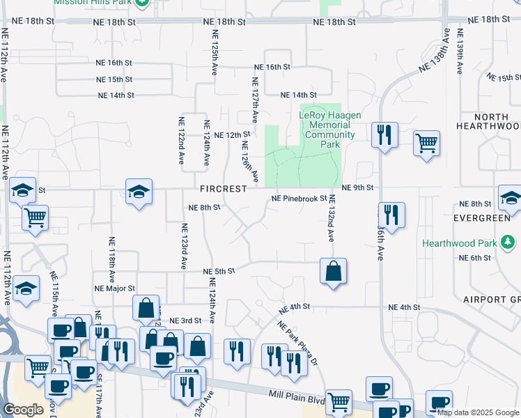 map of restaurants, bars, coffee shops, grocery stores, and more near 724 Northeast Pinebrook Avenue in Vancouver