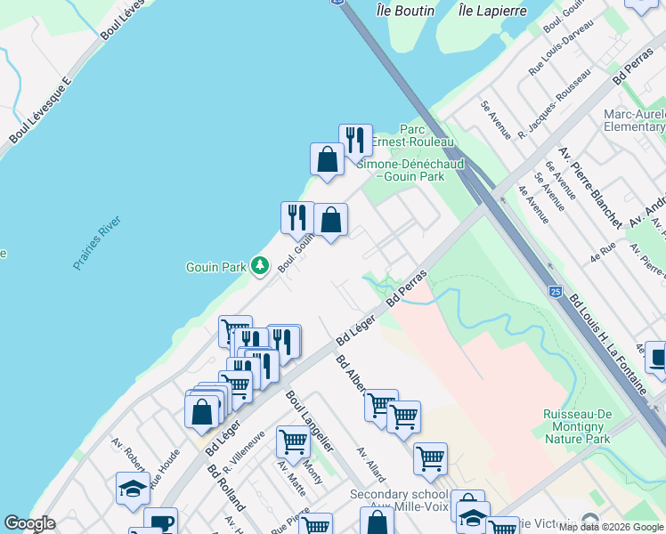 map of restaurants, bars, coffee shops, grocery stores, and more near 6880 Boulevard Gouin Est in Montréal