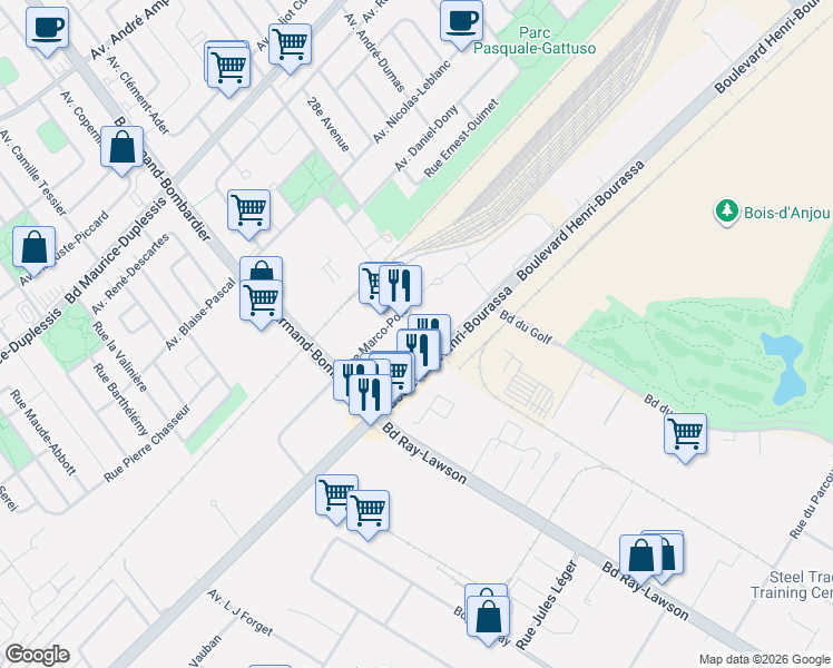 map of restaurants, bars, coffee shops, grocery stores, and more near 11300 26e Avenue in Montréal