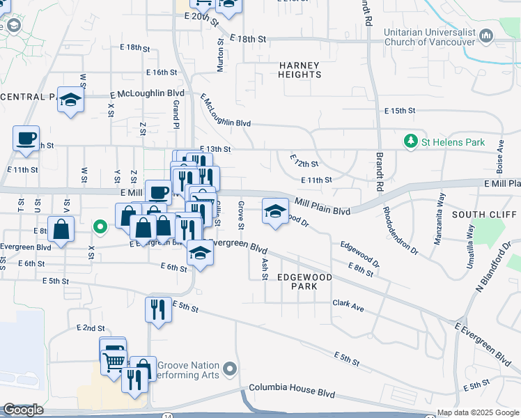 map of restaurants, bars, coffee shops, grocery stores, and more near 814 Grove Street in Vancouver