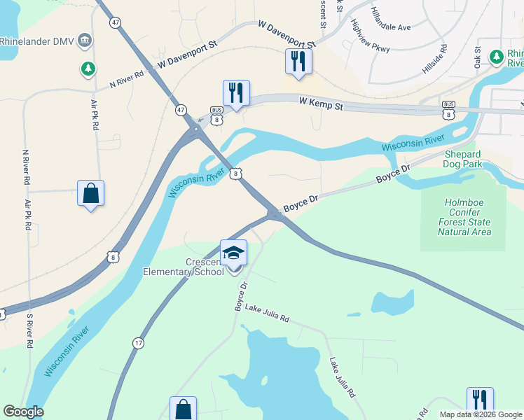 map of restaurants, bars, coffee shops, grocery stores, and more near State Trunk Highway 17 in Rhinelander