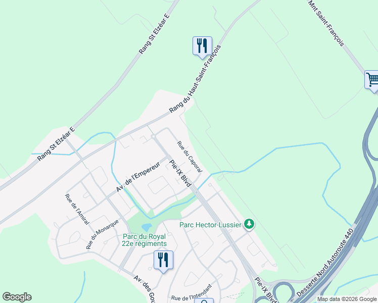map of restaurants, bars, coffee shops, grocery stores, and more near 3471 Rue du Caporal in Laval
