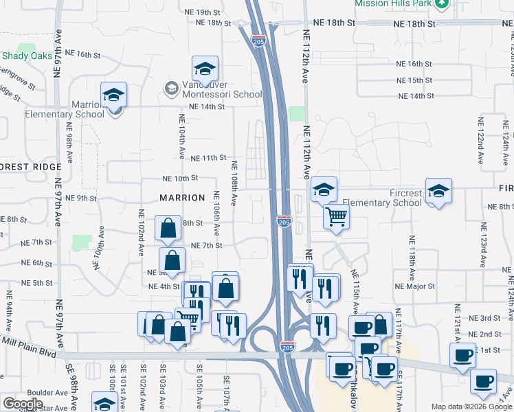 map of restaurants, bars, coffee shops, grocery stores, and more near 837 Northeast 109th Court in Vancouver