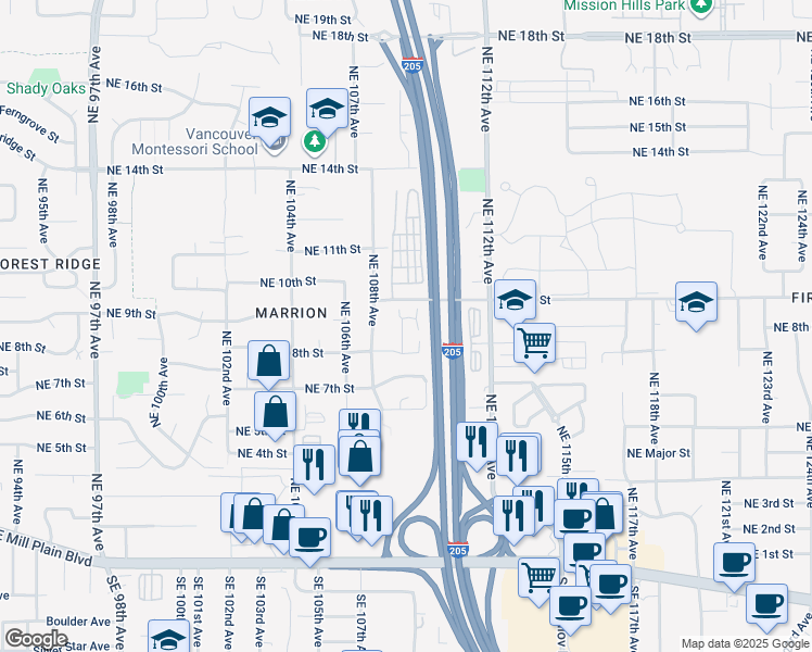 map of restaurants, bars, coffee shops, grocery stores, and more near 10908 Northeast 8th Street in Vancouver