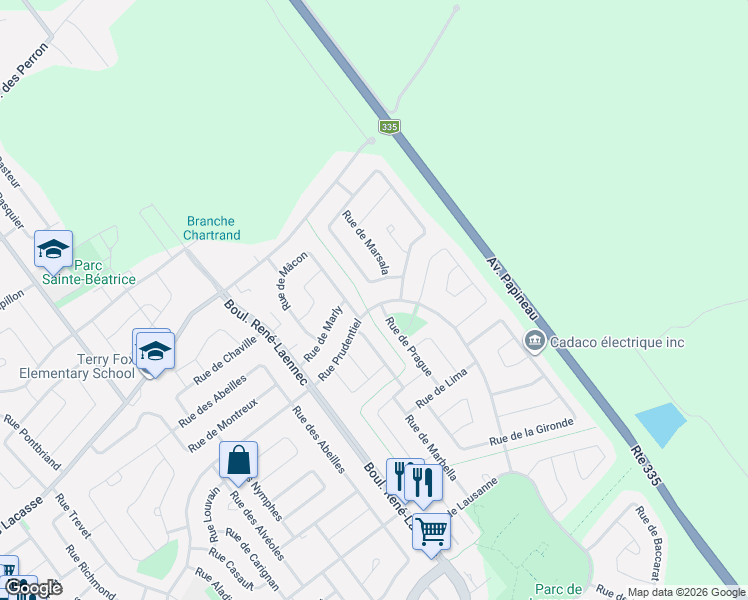 map of restaurants, bars, coffee shops, grocery stores, and more near 2680 Rue Prudentiel in Laval