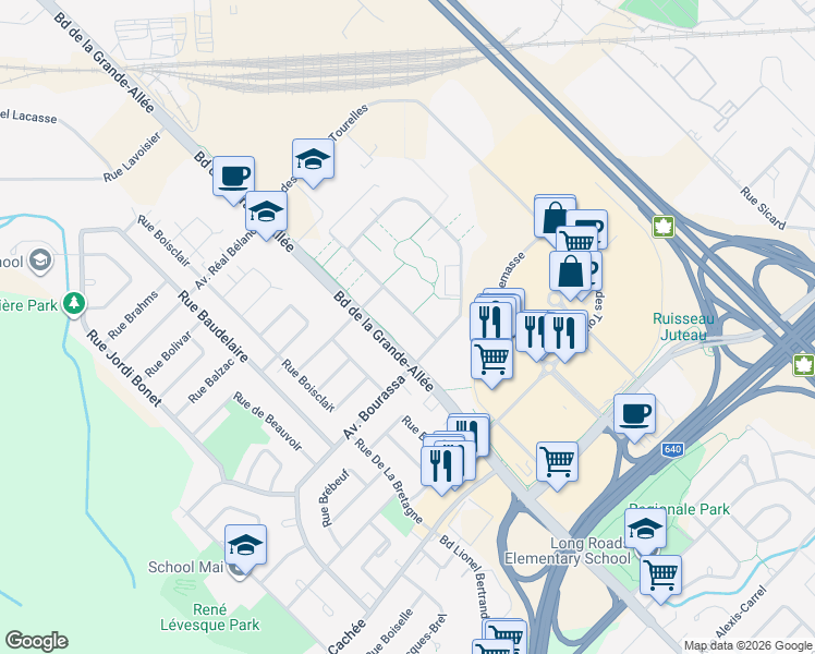 map of restaurants, bars, coffee shops, grocery stores, and more near 4650 Rue des Francs-Bourgeois in Boisbriand