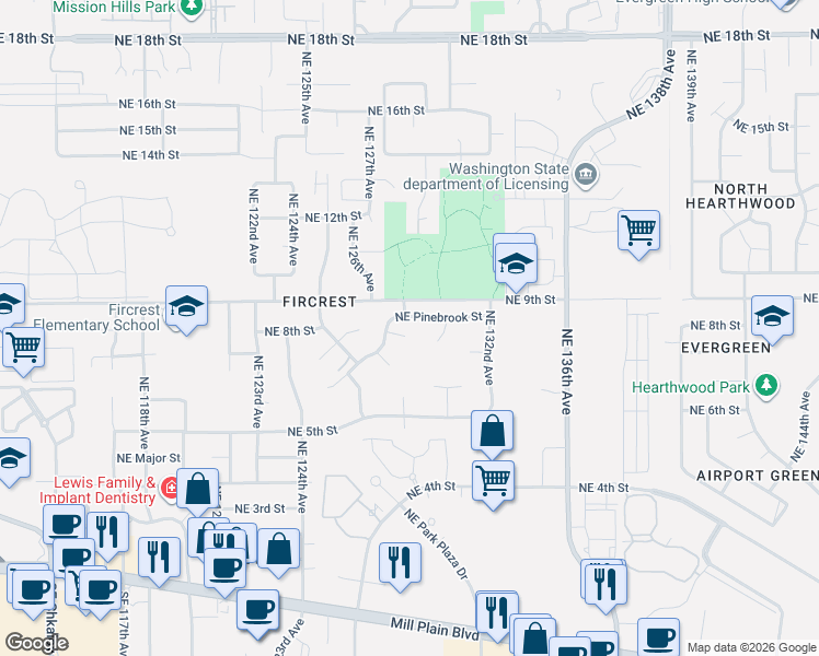 map of restaurants, bars, coffee shops, grocery stores, and more near 12801 Northeast 8th Place in Vancouver