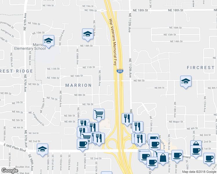 map of restaurants, bars, coffee shops, grocery stores, and more near 10908 Northeast 8th Street in Vancouver