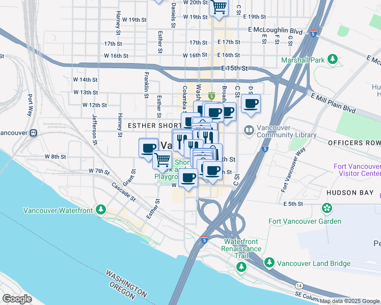map of restaurants, bars, coffee shops, grocery stores, and more near 720 Washington Street in Vancouver