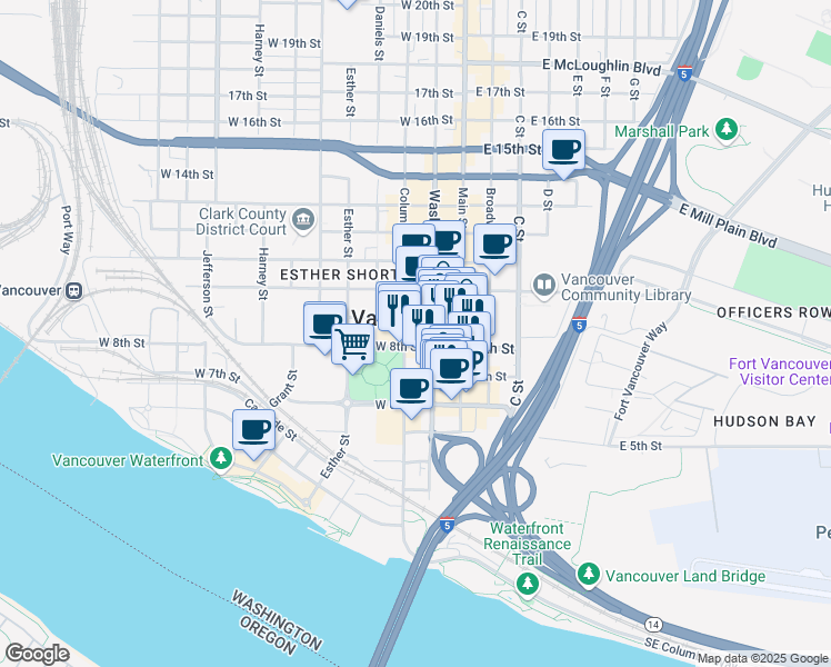 map of restaurants, bars, coffee shops, grocery stores, and more near 801 Columbia Street in Vancouver