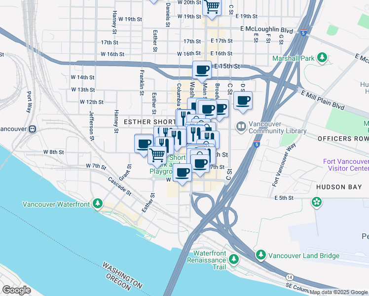 map of restaurants, bars, coffee shops, grocery stores, and more near 801 Columbia Street in Vancouver