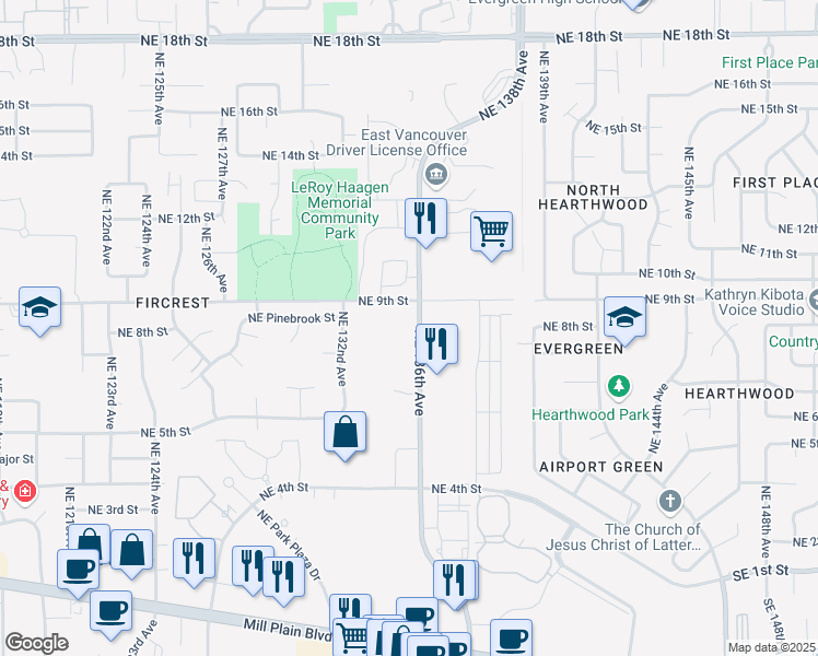 map of restaurants, bars, coffee shops, grocery stores, and more near 648-758 NE 136th Ave in Vancouver
