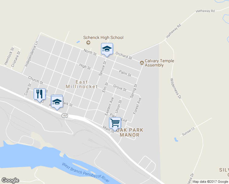 map of restaurants, bars, coffee shops, grocery stores, and more near 1 County Street in East Millinocket