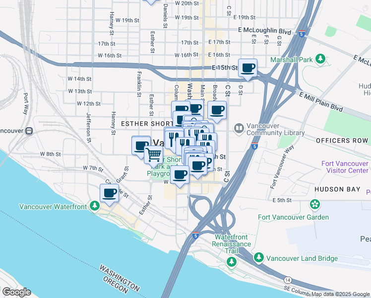map of restaurants, bars, coffee shops, grocery stores, and more near 720 Washington Street in Vancouver