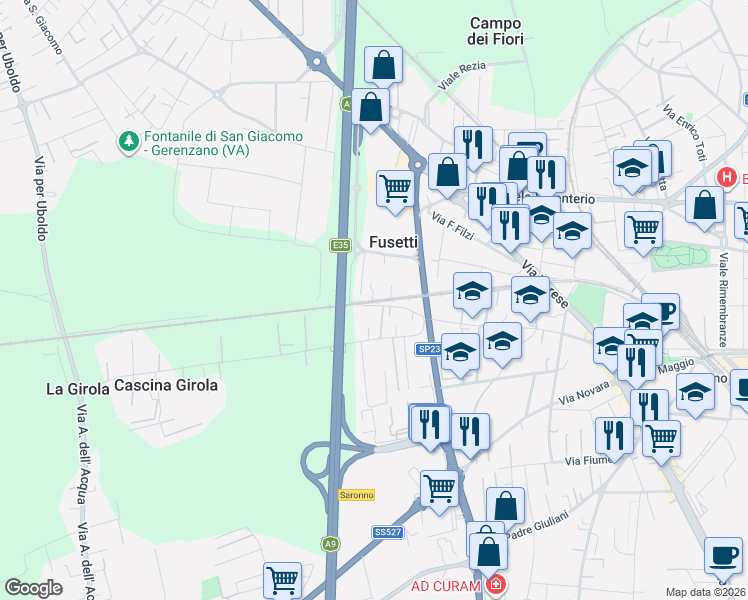 map of restaurants, bars, coffee shops, grocery stores, and more near 2 Via G. Borsi in Fusetti