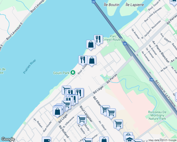 map of restaurants, bars, coffee shops, grocery stores, and more near 6880 Boulevard Gouin Est in Montréal