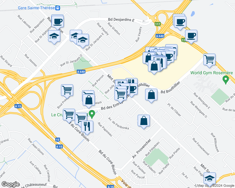 map of restaurants, bars, coffee shops, grocery stores, and more near 5 Rue de la Rose-des-Cèdres in Boisbriand