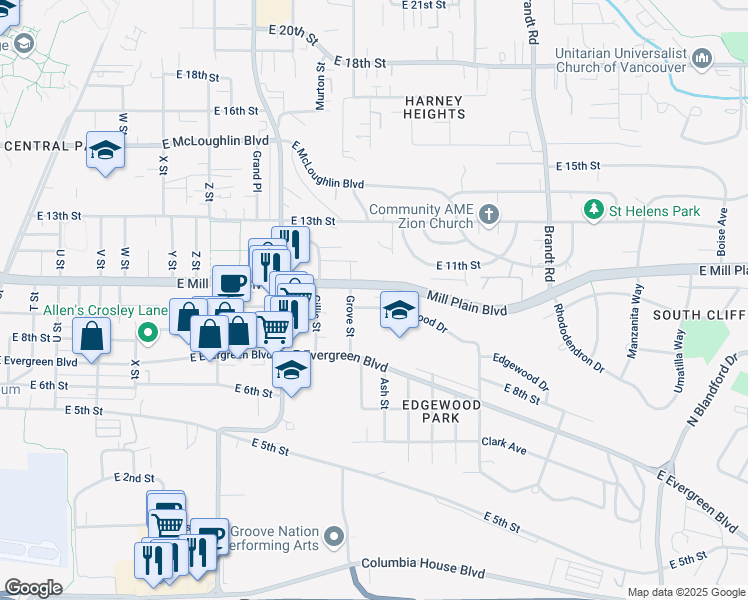 map of restaurants, bars, coffee shops, grocery stores, and more near 3220 Edgewood Drive in Vancouver