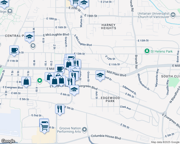 map of restaurants, bars, coffee shops, grocery stores, and more near 3202-3210 East Mill Plain Boulevard in Vancouver