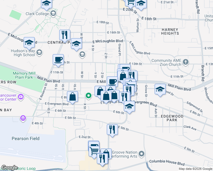 map of restaurants, bars, coffee shops, grocery stores, and more near 2703 East Mill Plain Boulevard in Vancouver