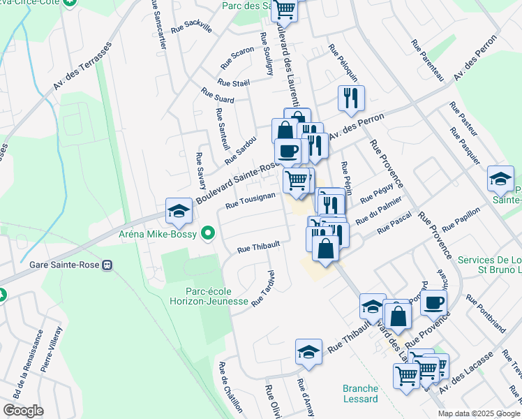 map of restaurants, bars, coffee shops, grocery stores, and more near 1429 Rue Toupin in Laval