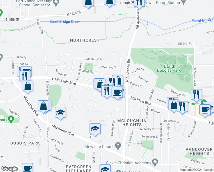 map of restaurants, bars, coffee shops, grocery stores, and more near 6421 Kansas Street in Vancouver