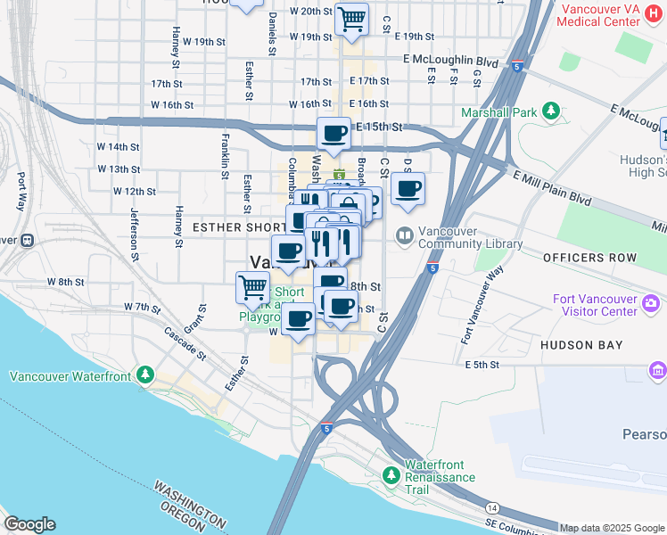 map of restaurants, bars, coffee shops, grocery stores, and more near 13503 Southeast Mill Plain Boulevard in Vancouver