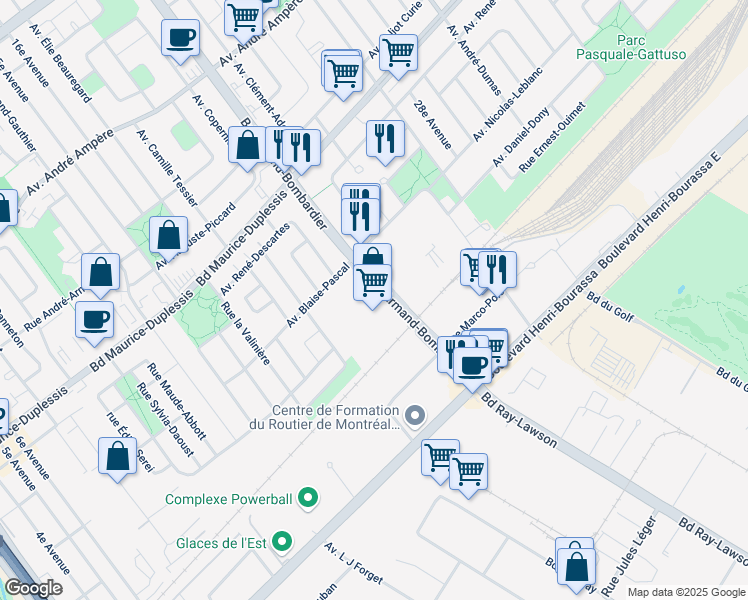 map of restaurants, bars, coffee shops, grocery stores, and more near 11460 Boulevard Armand-Bombardier in Montréal