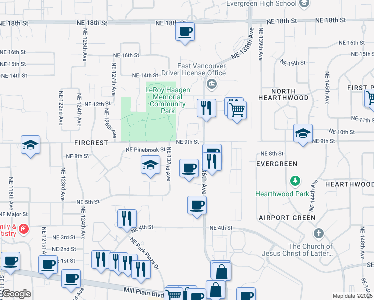 map of restaurants, bars, coffee shops, grocery stores, and more near 13600 Northeast 9th Street in Vancouver