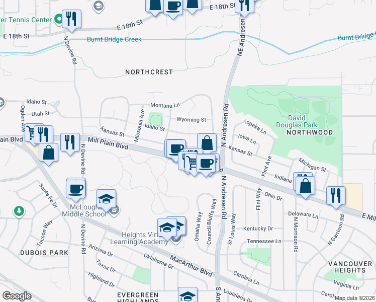 map of restaurants, bars, coffee shops, grocery stores, and more near 6510 Kansas Street in Vancouver