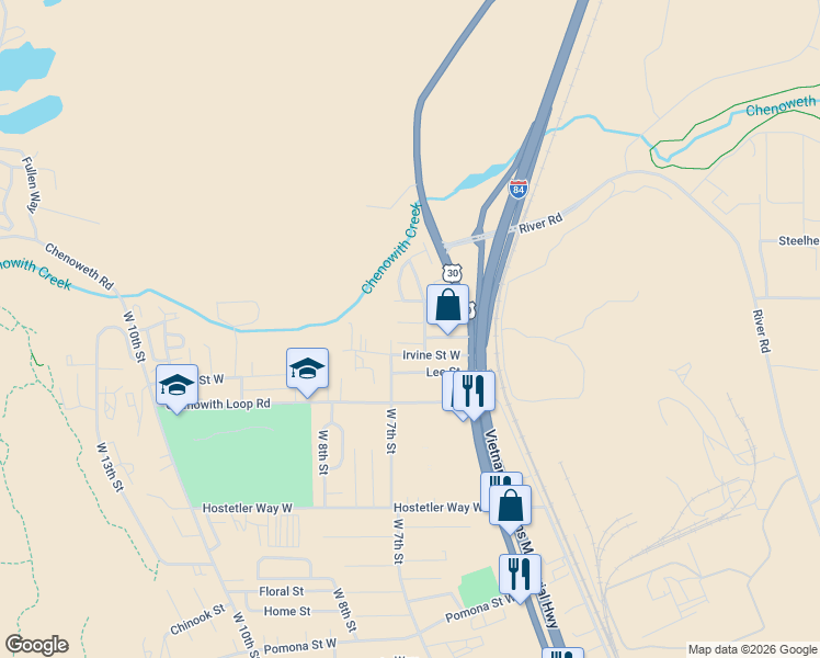 map of restaurants, bars, coffee shops, grocery stores, and more near 755 Division Street in The Dalles