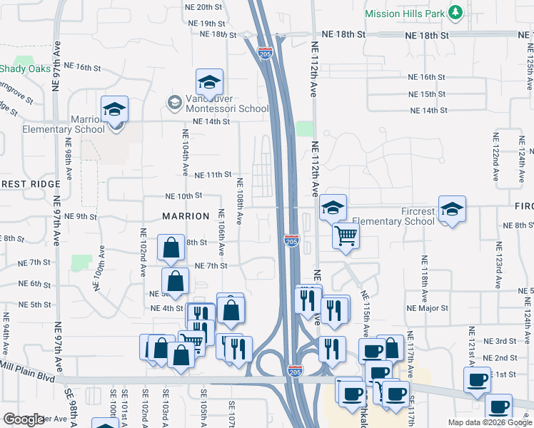 map of restaurants, bars, coffee shops, grocery stores, and more near 846 Northeast 109th Court in Vancouver
