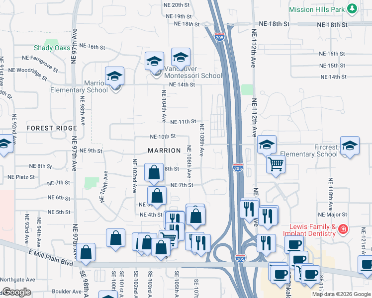 map of restaurants, bars, coffee shops, grocery stores, and more near 914 Northeast 106th Avenue in Vancouver