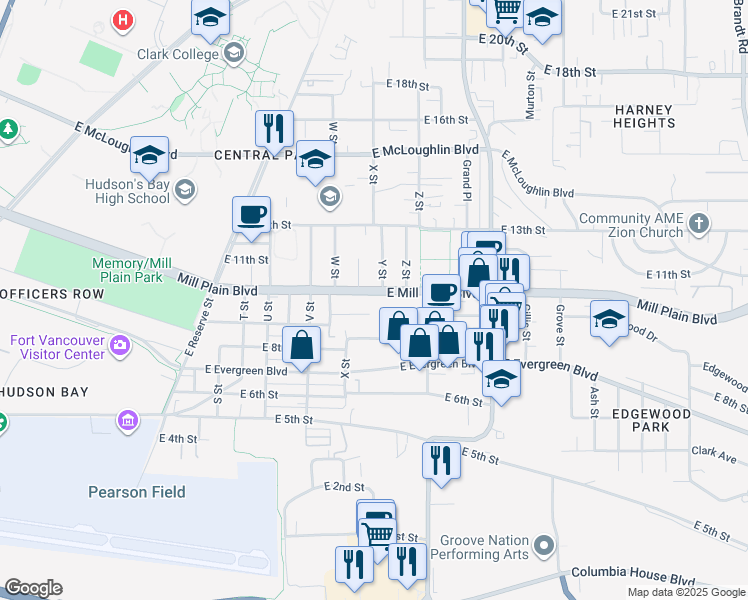 map of restaurants, bars, coffee shops, grocery stores, and more near 2404 East Mill Plain Boulevard in Vancouver