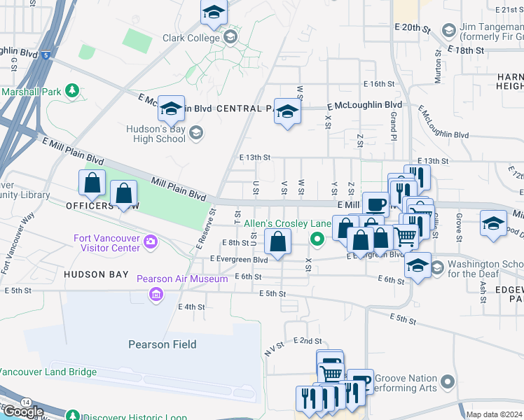 map of restaurants, bars, coffee shops, grocery stores, and more near 2012 East Mill Plain Boulevard in Vancouver