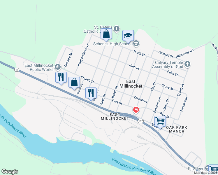 map of restaurants, bars, coffee shops, grocery stores, and more near 17 Birch Street in East Millinocket