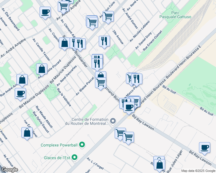map of restaurants, bars, coffee shops, grocery stores, and more near 11440 Boulevard Armand Bombardier in Montreal