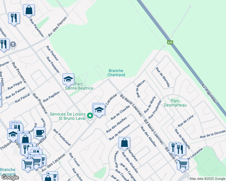 map of restaurants, bars, coffee shops, grocery stores, and more near 1345 Avenue des Lacasse in Laval