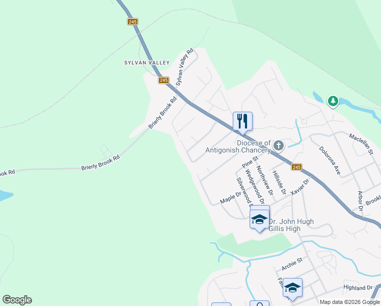 map of restaurants, bars, coffee shops, grocery stores, and more near 27 Centennial Drive in Antigonish