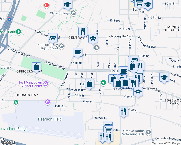 map of restaurants, bars, coffee shops, grocery stores, and more near 2128 East Mill Plain Boulevard in Vancouver