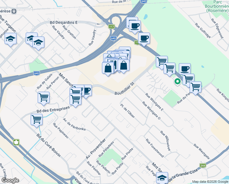 map of restaurants, bars, coffee shops, grocery stores, and more near 1 Boulevard Bouthillier in Rosemère