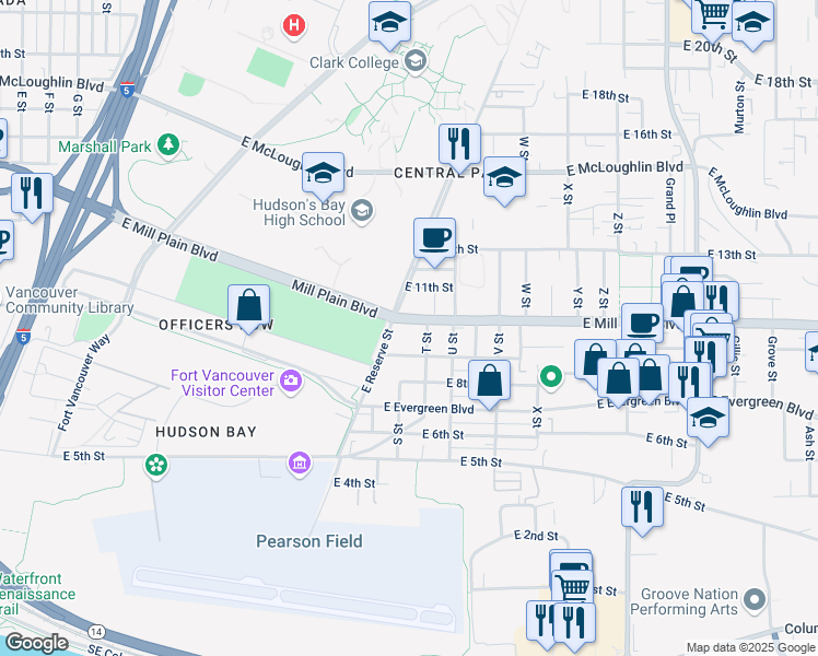 map of restaurants, bars, coffee shops, grocery stores, and more near 1818 East Mill Plain Boulevard in Vancouver