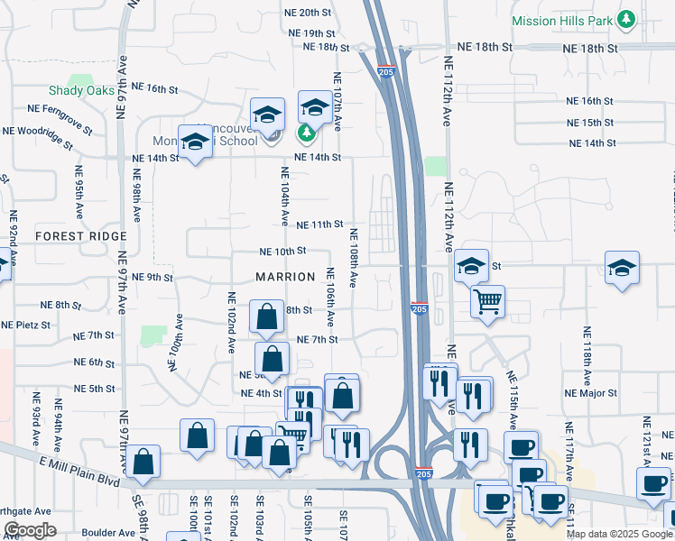 map of restaurants, bars, coffee shops, grocery stores, and more near 914 Northeast 106th Avenue in Vancouver