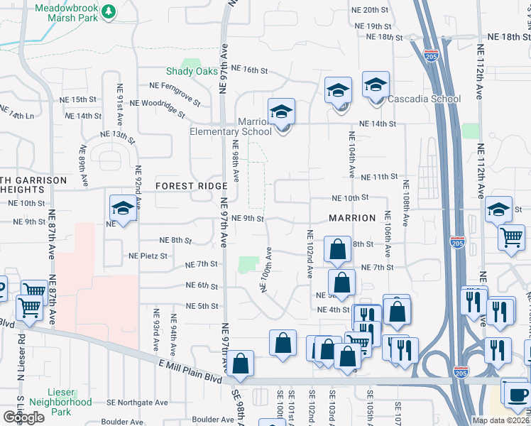 map of restaurants, bars, coffee shops, grocery stores, and more near 1118 Northeast 100th Avenue in Vancouver