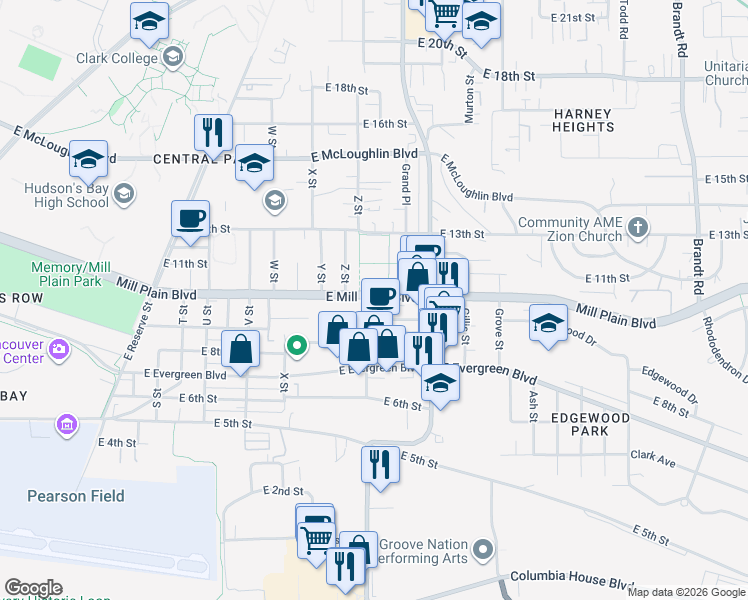 map of restaurants, bars, coffee shops, grocery stores, and more near 2703 East Mill Plain Boulevard in Vancouver