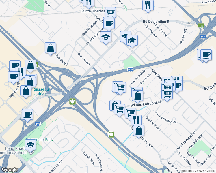 map of restaurants, bars, coffee shops, grocery stores, and more near 100 Rue Prévost in Boisbriand