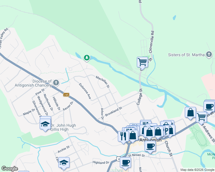 map of restaurants, bars, coffee shops, grocery stores, and more near Maclellan Street in Antigonish